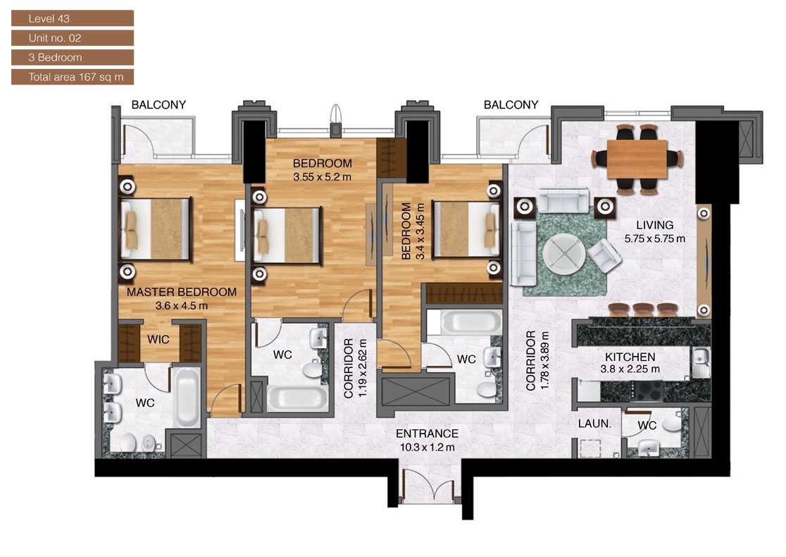 Level-43,Unit-no-2-,3-Bedroom-,Size-167-Sq m